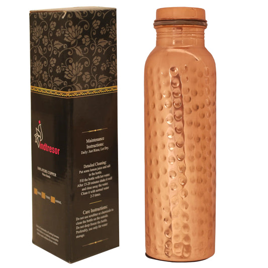 INDTRESOR Pure Copper Water Bottle - Handcrafted - Ayurveda health benefits - Large 35 oz - Leak proof Easy to carry for Sports Fitness Yoga School - Natural Hammered Beaten Copper Finish